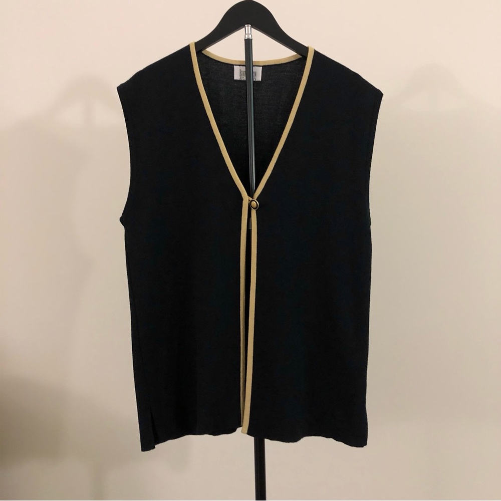 Eugen Klein Sleeveless Knit Vest Cardigan Sweater Black Beige Trim